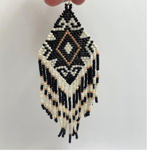 White, Black and Gold Geometric Hand Beaded Boho Fringe Earrings